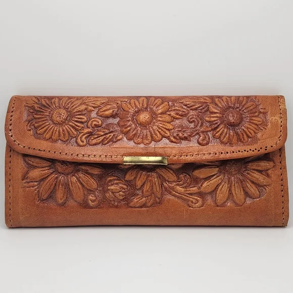 Vintage Piel Legitima.Tooled Sunflower Trifold Lether Wallet.Crafted in Mexico - Picture 6 of 11
